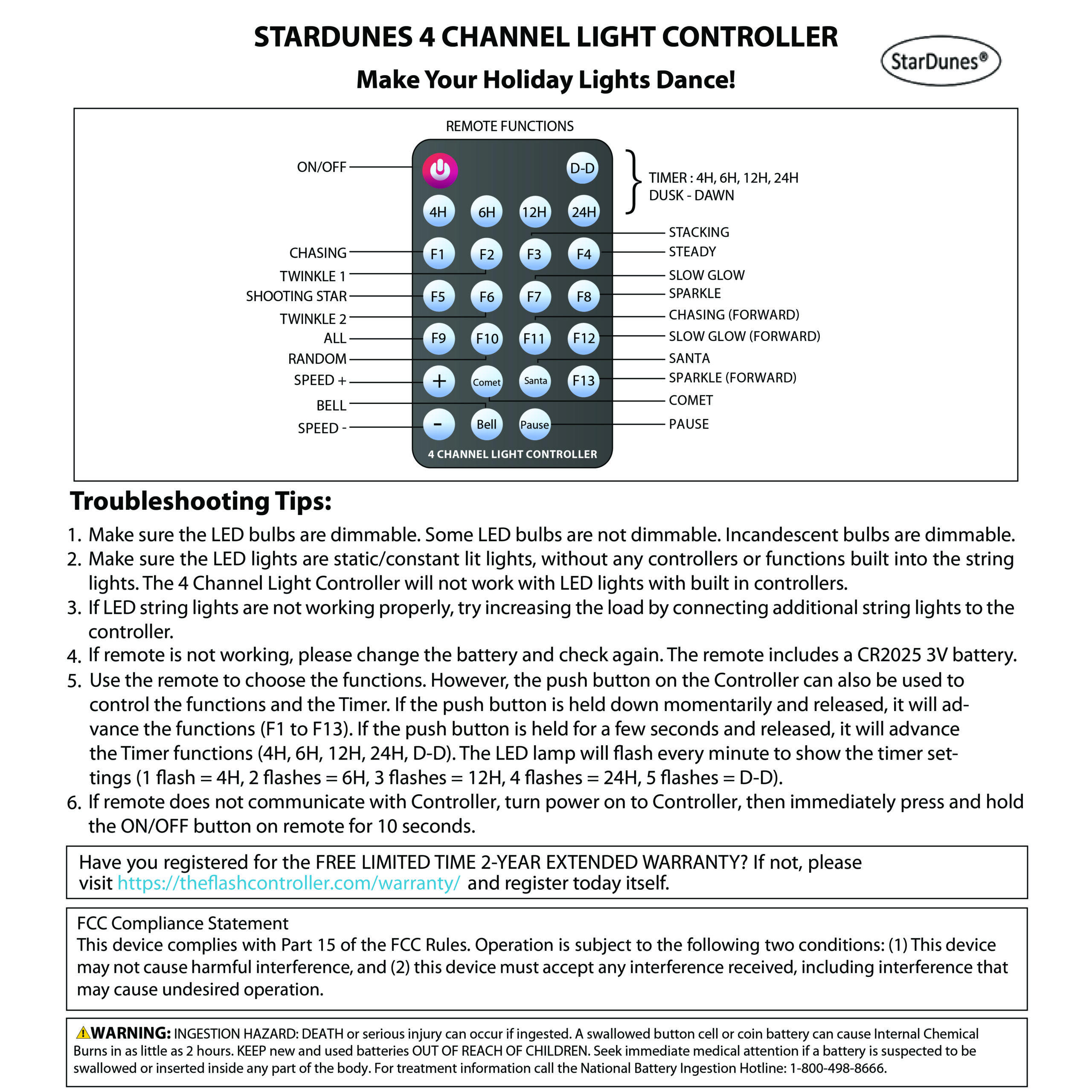 4 Channel Light Controller Remote Functions