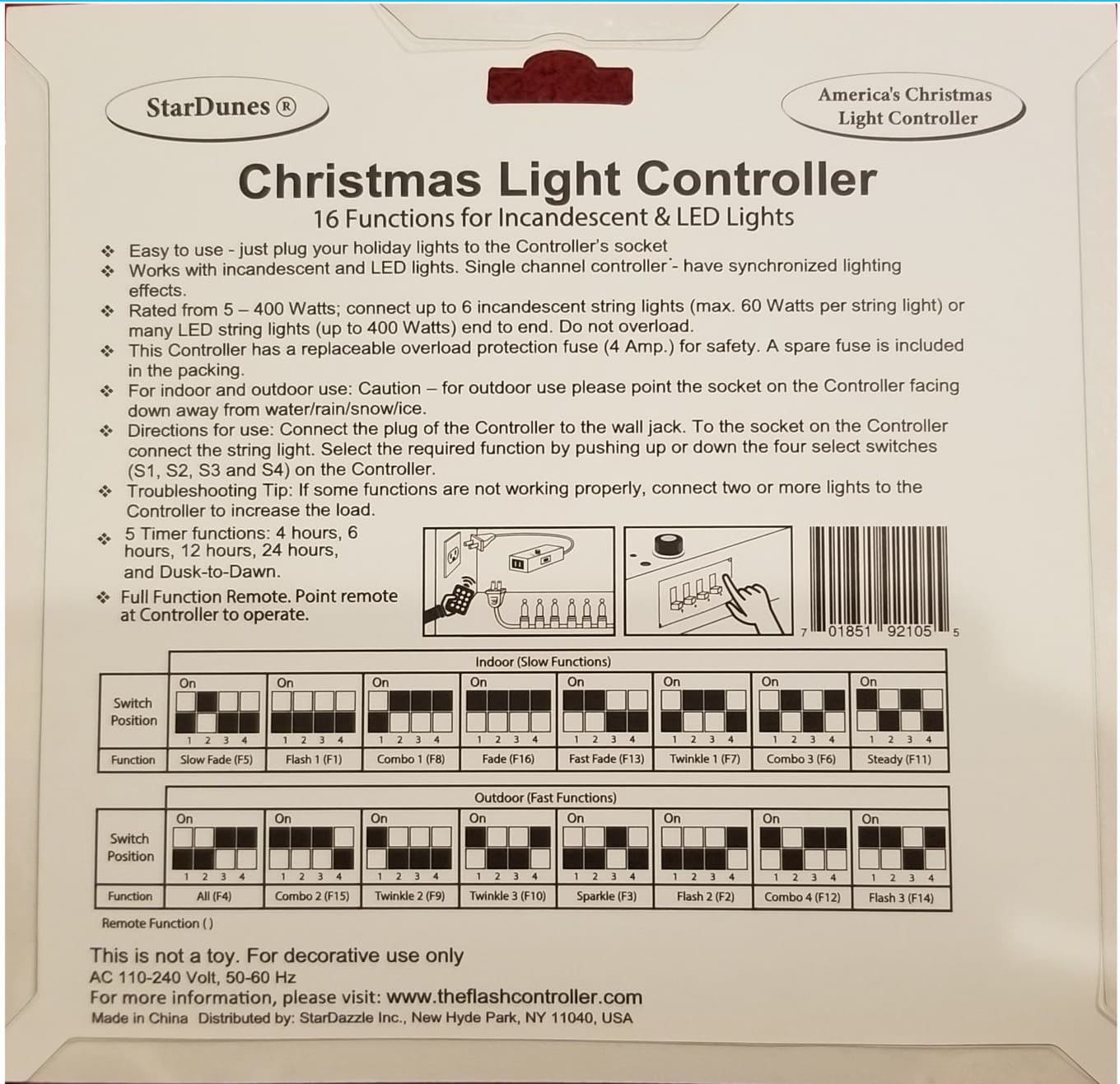StarDunes Christmas Light Controller, 16 Flash/Fade Functions, 5 Timer Functions